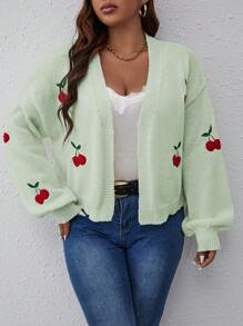 SHEIN Franclia Women's Plus Size Cherry Print Cardigan With Open Front - Mint Green - View 6