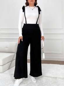 Calvaya Plus Size Women's Solid Color Knotted Shoulder Casual Suspenders Jumpsuit, Autumn/Winter - Black - View 5