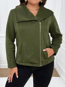 SHEIN Franclia 大码休闲纯色不对称领夹克，秋冬 - 軍綠色 - 查看 7