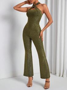 SHEIN PETITE 女款純色空領掛脖連身褲 - 金色 - 查看 6