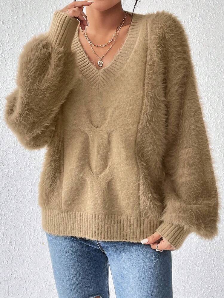 Women's V-Neck Solid Color Fluffy Drop Shoulder Knit Pullover Fall Winter Sweater