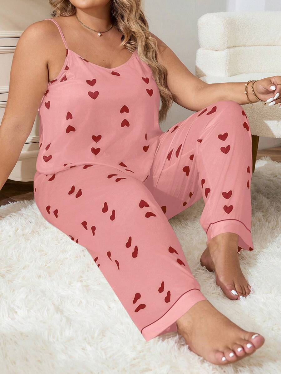 Plus Size Allover Heart Printed Cami Top & Pants Pajama Set - Dusty Pink - View 1