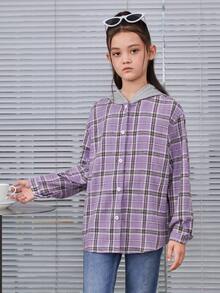 SHEIN Tween 女童落肩格紋連帽襯衫 - 紫色 - 查看 6