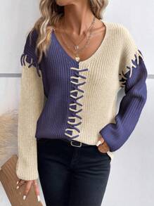 SHEIN LUNE V-necked Oversized Drop-shoulder Sweater - Purple - View 1