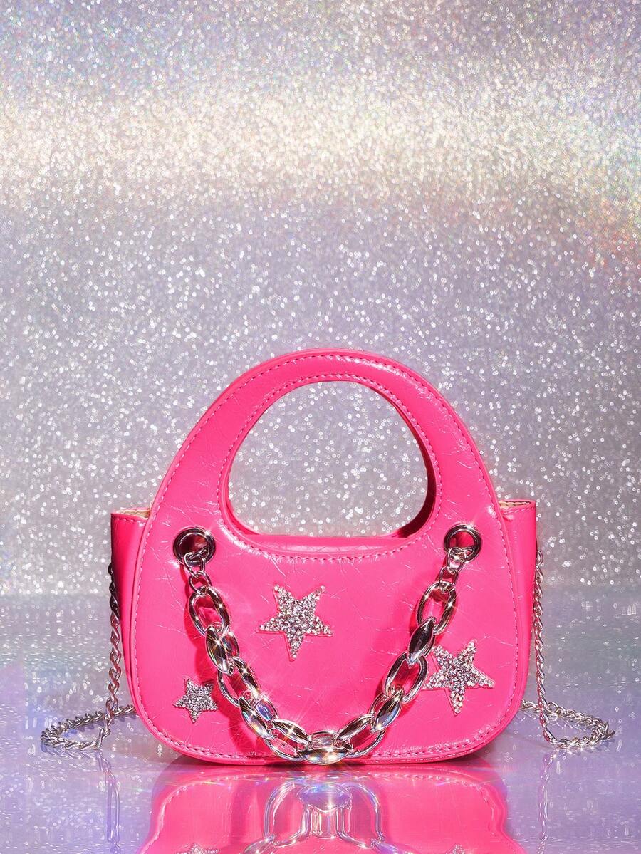 SHEIN ICON 1 Miếng Màu thuần chất liệu da PU Đúng mốt Phần cứng Trang trí Túi tote , Gỉản lược Phong cách - Màu Hồng Tươi - Xem 1