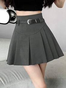 Rok Lipit Polos dengan Sabuk, Kasual - Dark Grey - View 3