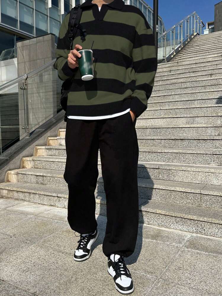 Men's Striped Color Block Knitted Fall  Sweater, Grunge Style
