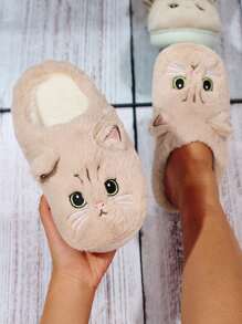 女士猫刺绣一脚蹬家居拖鞋，秋冬季包头室内防滑拖鞋，情侣礼物 - 卡其色 - 查看 1