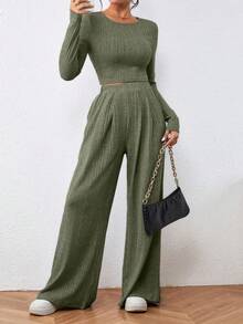 SHEIN Essnce 女士修身剪裁短上衣和褲子套裝 - 綠色 - 查看 4