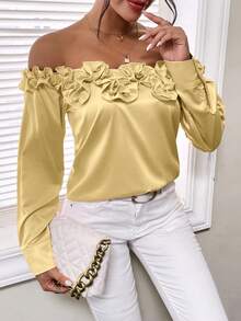SHEIN Privé 3d Flower Off-shoulder Long Sleeve Shirt - Yellow - View 6