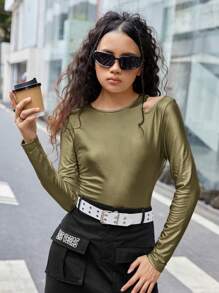 Teen Girls' Knitted Elasticity Pu Leather Shoulder Cutout Long Sleeve Sports T-shirt