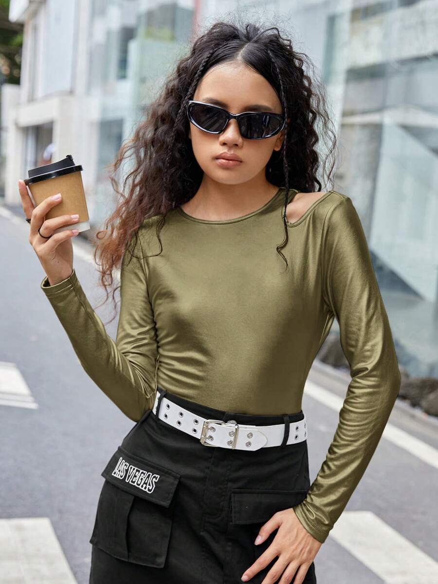 Teen Girls' Knitted Elasticity Pu Leather Shoulder Cutout Long Sleeve Sports T-shirt