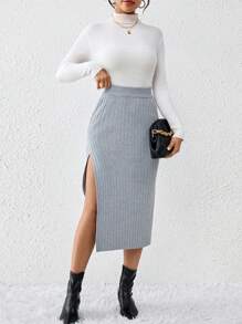 Chiquease Women'S High Slit Ribbed Sweater Pencil Skirt - Grey - View 1