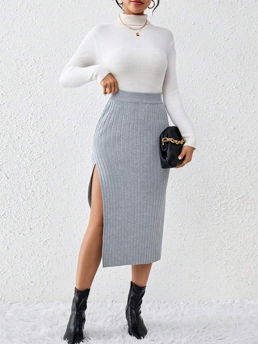 Chiquease Women'S High Slit Ribbed Sweater Pencil Skirt - Grey - View 1