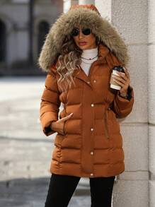 SHEIN Essnce 女士连帽加厚棉服外套冬季 - 鏽棕色 - 查看 3