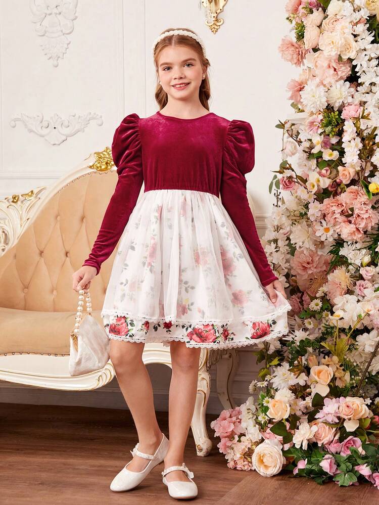 Girls' Knit Plain Short Plush Round Neck Elegant Dress