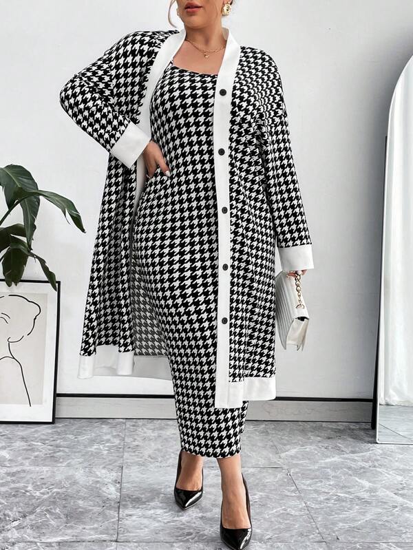 SHEIN Essnce Plus Size Women's Houndstooth Button Up Coat And Cami Dress Set