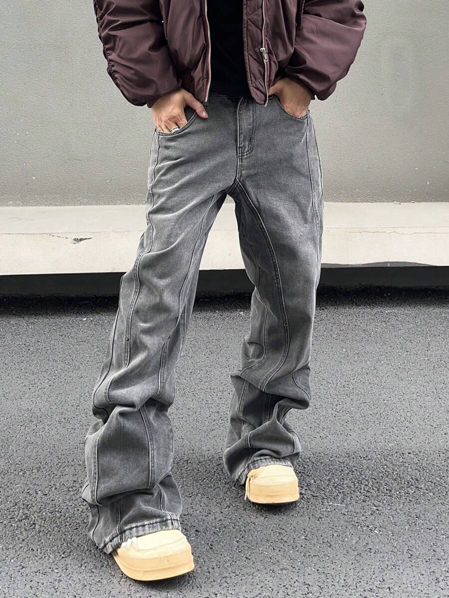 Manfinity Roghcode 男士水洗复古直筒牛仔裤，纯色修身长喇叭牛仔裤浅灰色洗水工装牛仔裤，适合老公、男朋友的礼物