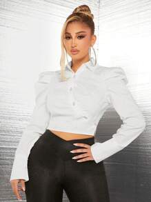 SHEIN SXY Áo sơ mi nữ tay ngắn đón năm mới, đính cúc giả ngọc trai và đá quý, cùng tay áo phồng. - trắng - Xem 6