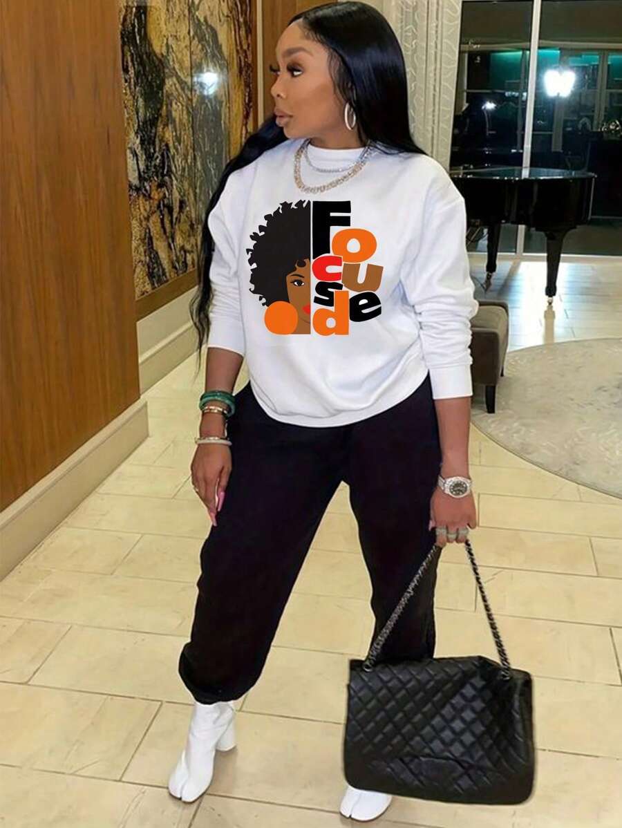 INAWLY 字母圖案落肩袖衛衣和衛褲 - 黑與白 - 查看 1