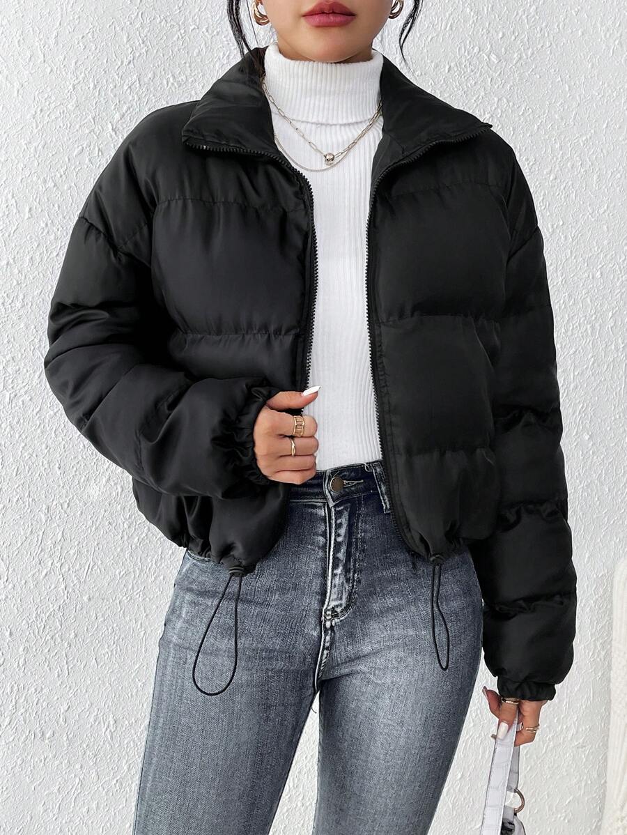 SHEIN Frenchy 秋冬纯色短款夹棉黑色休闲抽绳下摆外套 - 黑色 - 查看 1