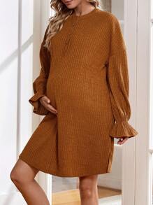 SHEIN Maternity Ruffle Sleeve Nursing Dress - Brown - View 3