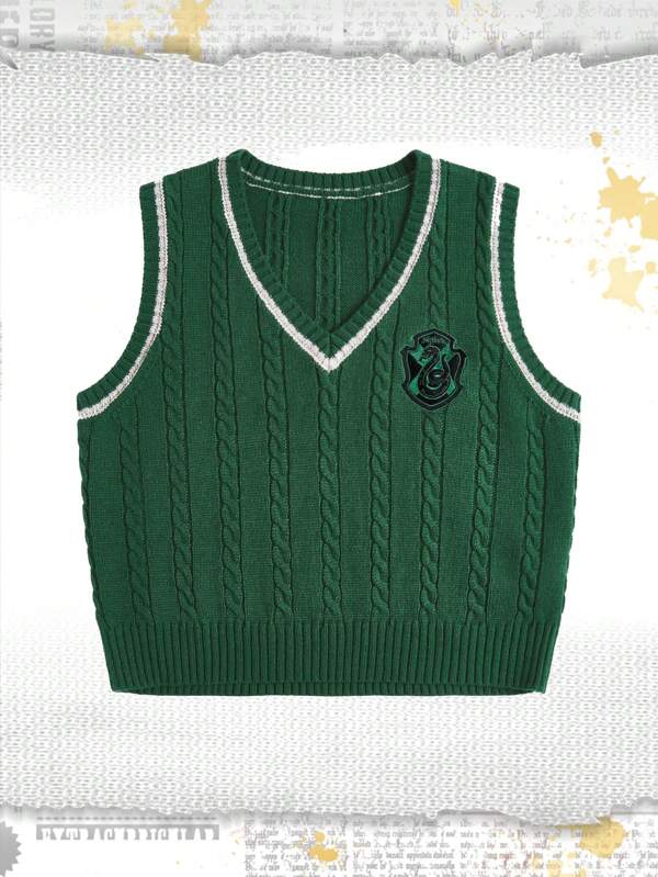 Harry Potter | ROMWE Plus Embroidery Pattern Striped Trim Cable Knit Sweater Vest