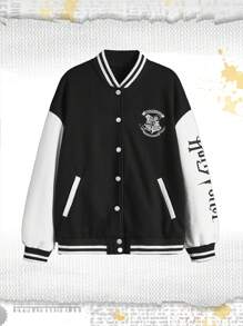 Harry Potter | ROMWE Letter Print Contrast Drop Shoulder Baseball Jacket, School