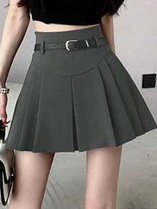 Rok Lipit Polos dengan Sabuk, Kasual - Dark Grey - View 4