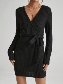 SHEIN LUNE Solid Color Belted Dress Fall Cloth For Women - Black - View 6