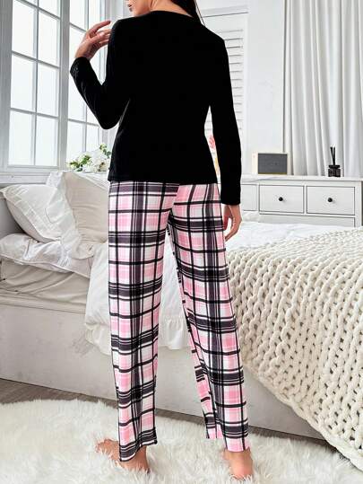 Letter Grid Printed Shirt Long Pants Pyjama Set, Fall Clothes Cozy Elegante view 2