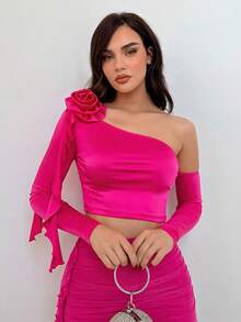 Aloruh 女性斜肩t恤,3d花卉裝飾