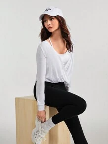 Daily&Casual Wrap Front Sports Tee Without Cami Top workout tops - Black - View 4