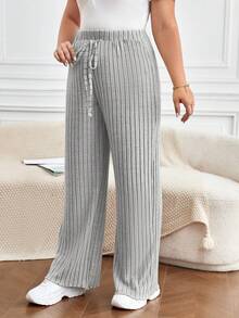 SHEIN Frenchy Pantalones De Canalé Con Cintura Con Cordón Para Mujer Talla Grande - Gris - Ver 6