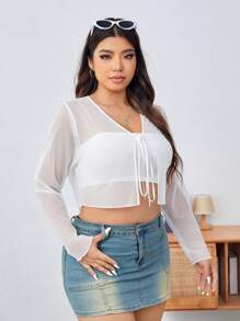 SHEIN EZwear Knit Mesh Tie-front Plus Size Top