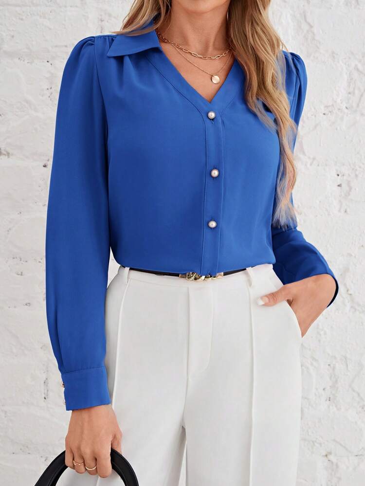 Women's Puff Sleeve V-Neck Button Shirt Winter Elegant Blue