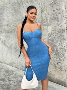 SHEIN SXY 闪亮面料牛仔效果女式简约细肩带连衣裙生日装春季女装舞会礼服情人节礼服约会晚礼服单身派对 - 藍色 - 查看 3