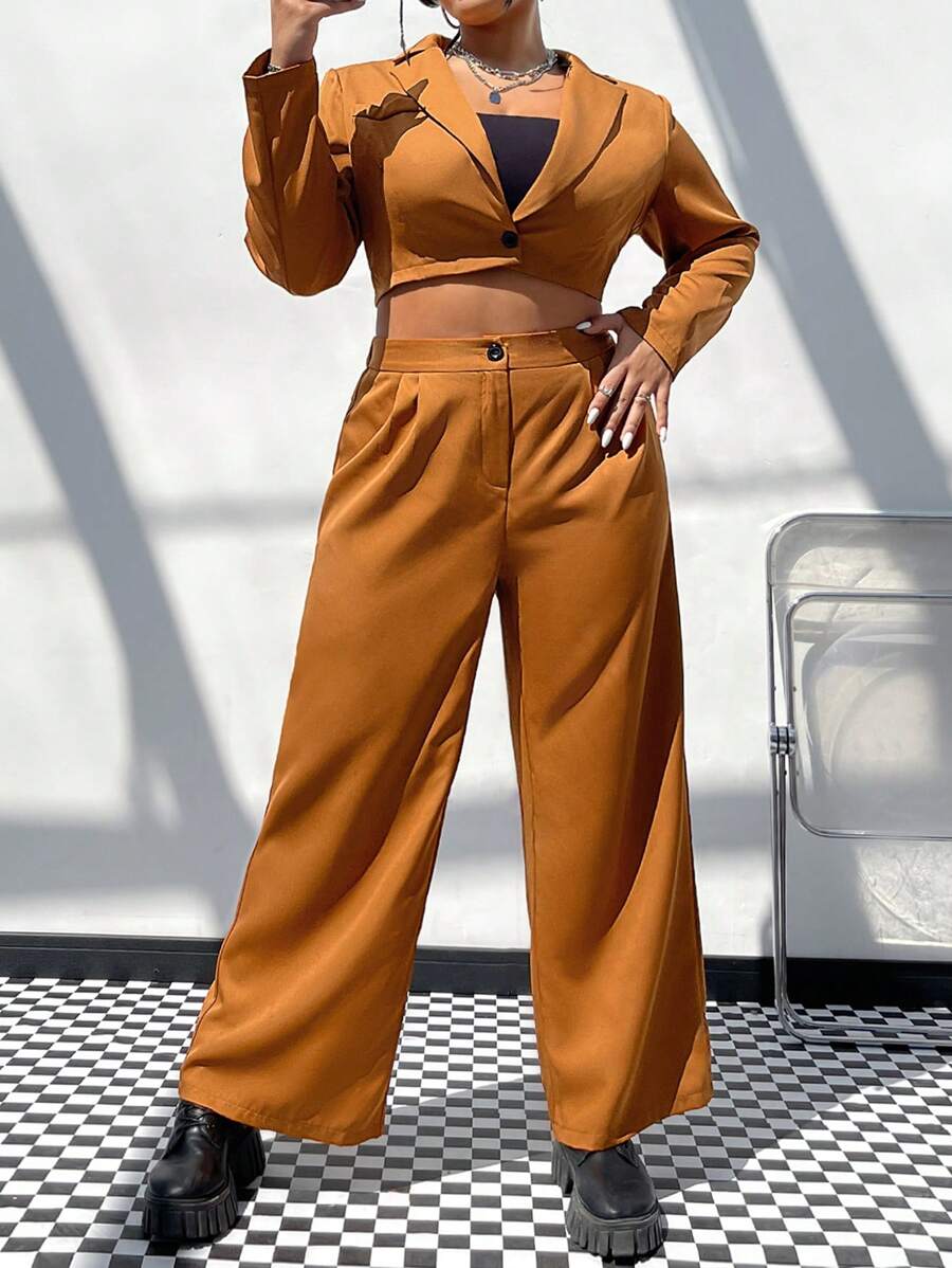 SHEIN EZwear Hơn Cổ áo Crop Blazer & Quần ống rộng - Màu nâu  Mocha - Xem 1