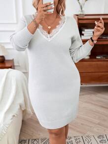 Calvaya Plus Size Women's Lace Hem Sweater Dress