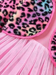 SHEIN 小女孩時尚豹紋外套和連衣裙套裝,適用於休閒穿著,適用於秋冬季節