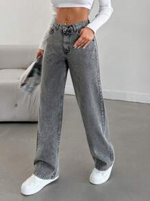 EURMUSE 100%Cotton Snow Wash Straight Leg Jeans - Grey - View 3