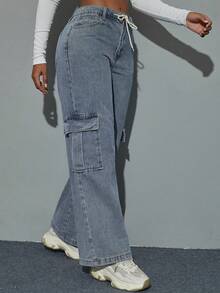 腰部抽繩翻蓋口袋工裝牛仔褲 - 淺色水洗藍 - 查看 4