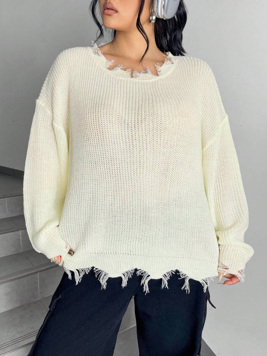 SHEIN EZwear 大尺碼純色磨損邊滴肩毛衣 - 米色 - 查看 1