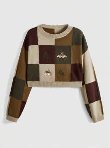 ROMWE Fairycore Kích thước lớn Của phụ nữ Thêu Bướm Tương phản Màu sắc Bàn cờ Áo len - Nhiều màu - Xem 1