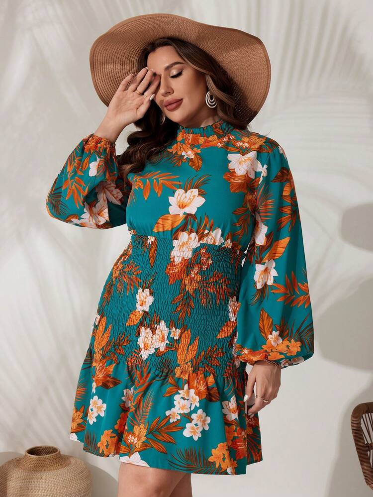 Plus Size Lantern Sleeve Floral Print Shirred Dress