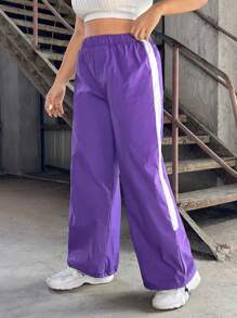 SHEIN EZwear Plus Size Purple Slimming Drawstring Leg Trousers - Purple - View 4