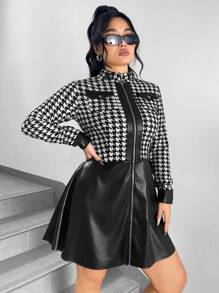 SHEIN Privé Kích thước lớn In Houndstooth Vá lại Dây kéo mặt trước Đầm - Đen và trắng - Xem 4