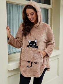 EMERY ROSE Women's Cartoon Cat Embroidery Hoodie - Khaki - View 5