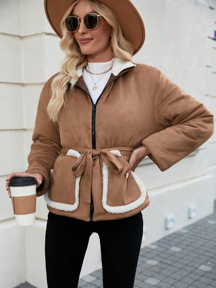Plush Patchwork Zipper Up Padded Padded Coat Clothes Winter Fall Cloth For Women