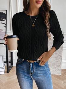 EMERY ROSE Solid Color Cable Knit Sweater Pullover,Long Sleeve Tops Knit Pullover Fall Winter Sweater - Black - View 3